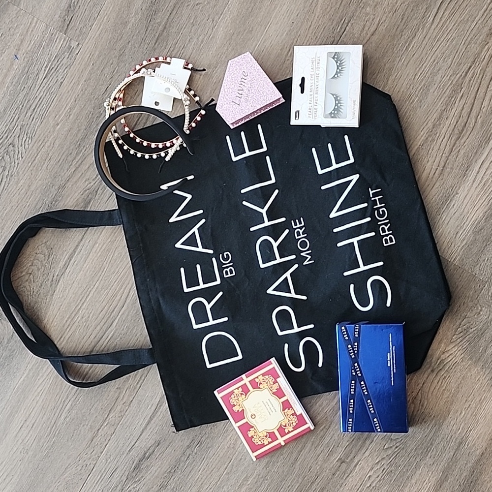 Beauty Bundle Black Tote Bag with Inspirational Print Make Up Hair Accessories